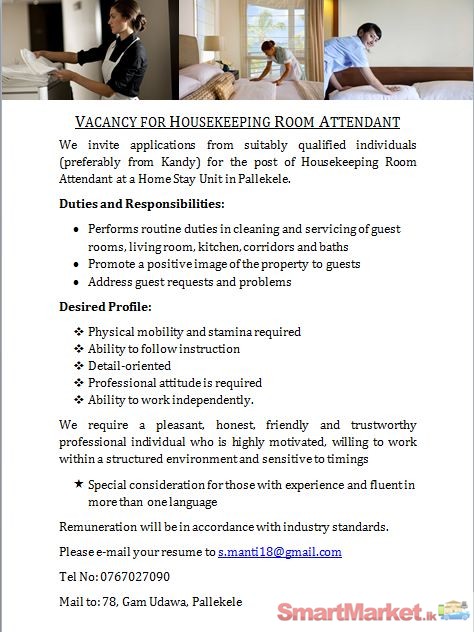 Vacancy For Housekeeping Attendant